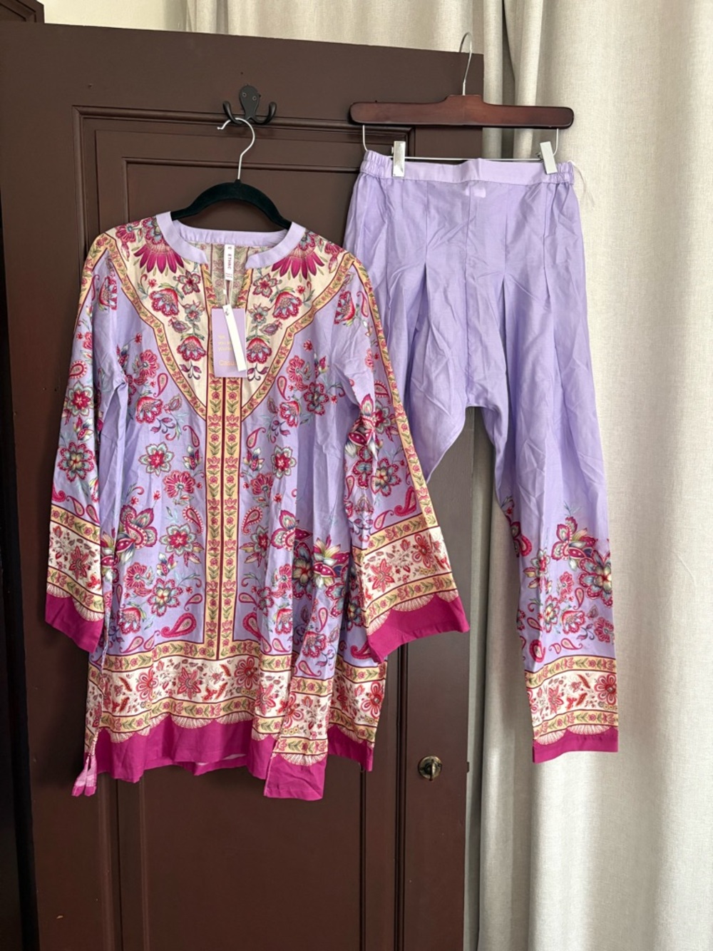New Ethnc printed cotton set pant suit lavender size XS